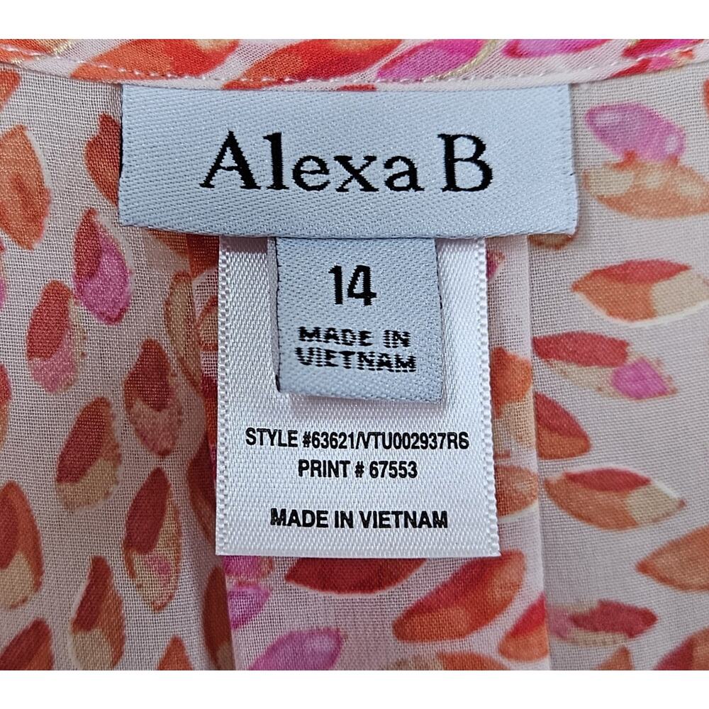 ALEXA B Women's 14 Maxi Dress Chiffon Orange Pink Leaves Tie Belt Long Sleeve 40 - Picture 4 of 11